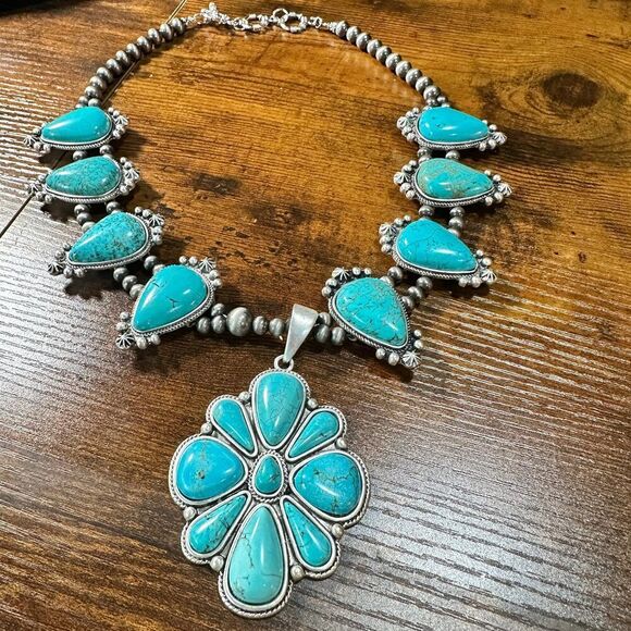 Squash Blossom Turquoise Necklace, Southwestern Cowgirl Necklace, Ships in Gift - Picture 8 of 9